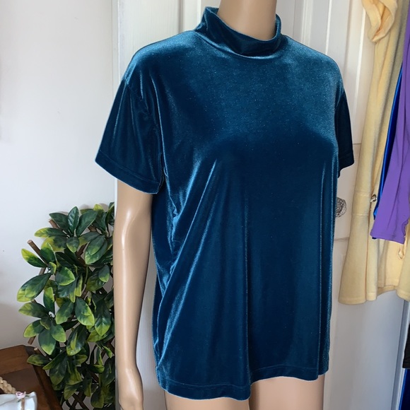 Vintage 90s teal turquoise spandex Stretch velour mock neck shirt top L - Picture 4 of 9
